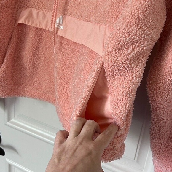 Adidas Pink Sherpa Pullover Sweatshirt Teddy Jacket Sz Small High Neck Oversized - Picture 7 of 10